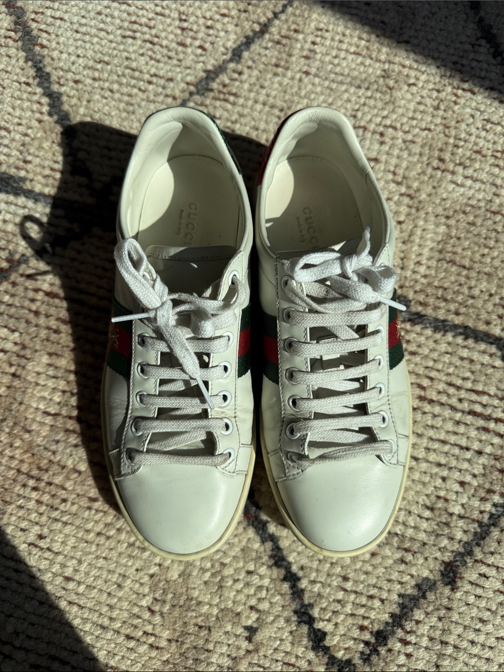 Gucci White Leather Sneakers with Green & Red Stripe and Gold Bee - Picture 3 of 7